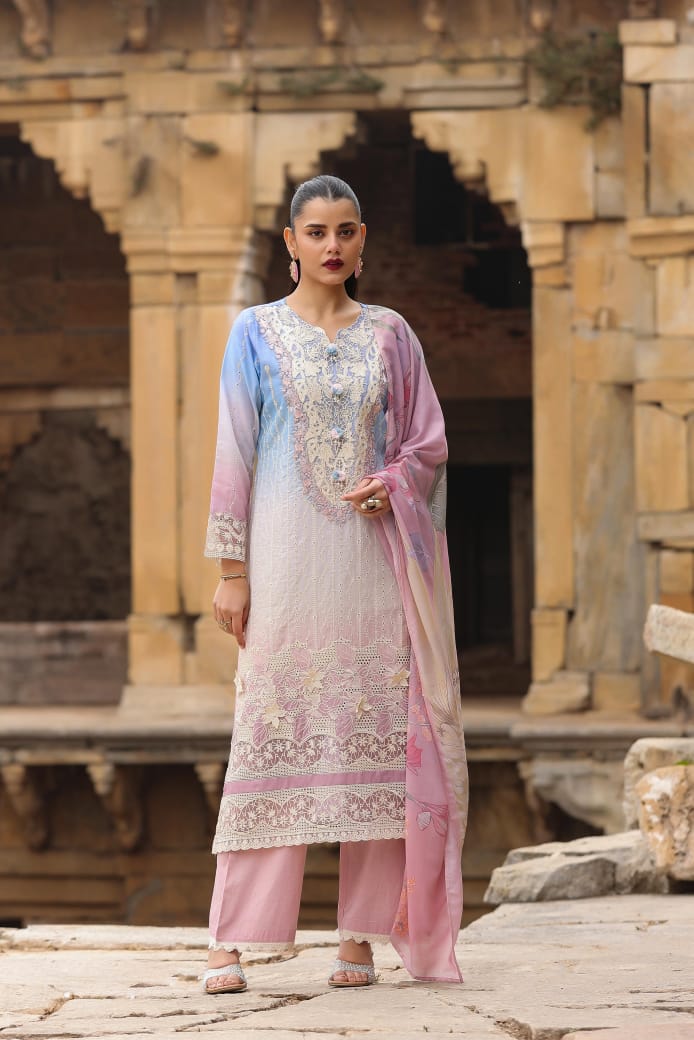 Blue Cotton Straight Kurta with Pant and Dupatta