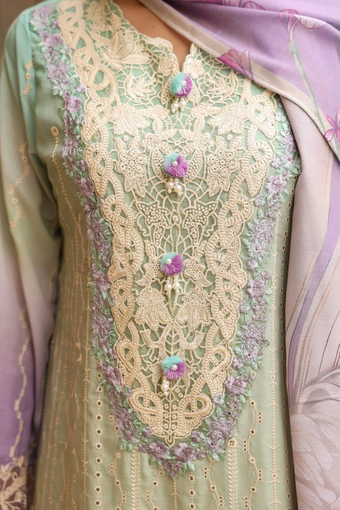 Green Cotton Straight Kurta with Pant and Dupatta