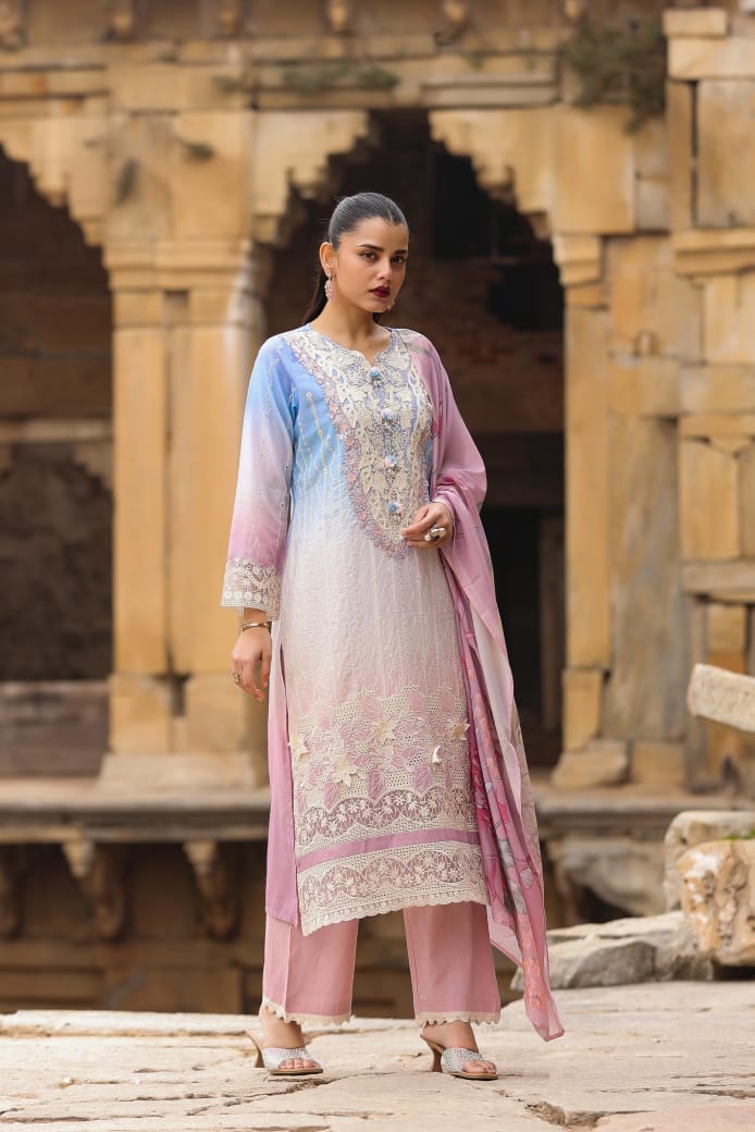 Blue Cotton Straight Kurta with Pant and Dupatta