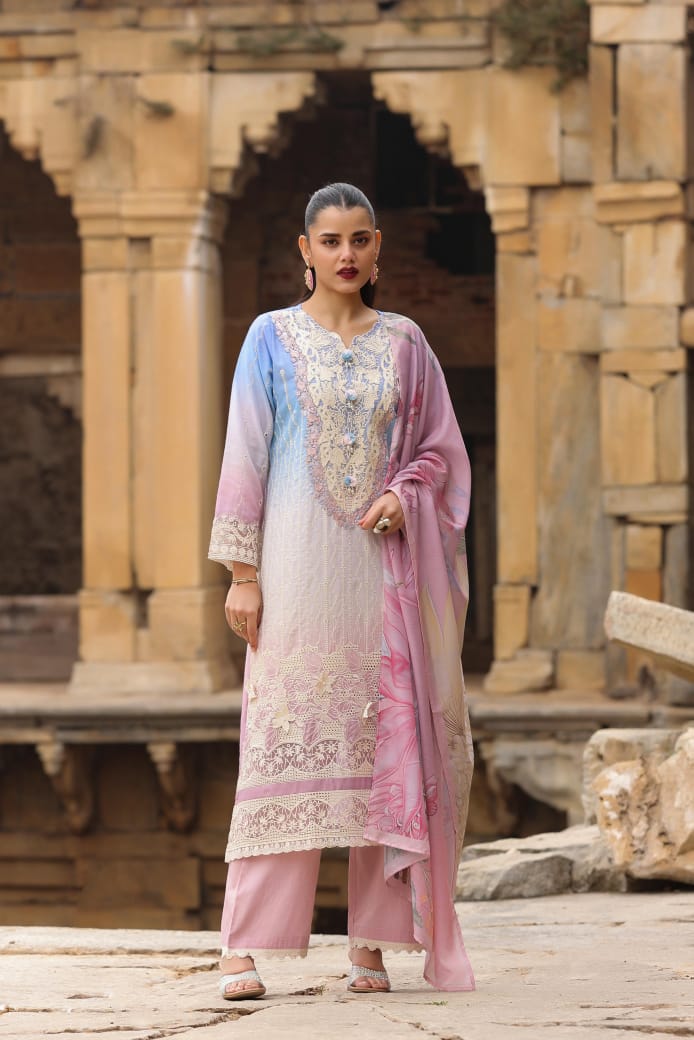 Blue Cotton Straight Kurta with Pant and Dupatta