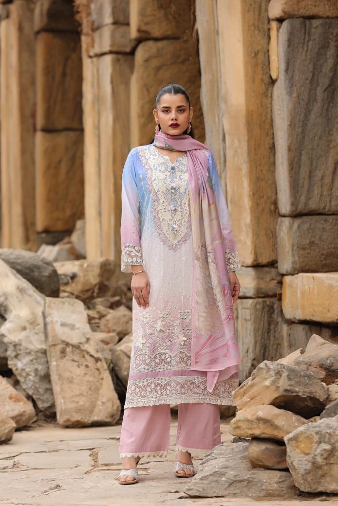 Blue Cotton Straight Kurta with Pant and Dupatta