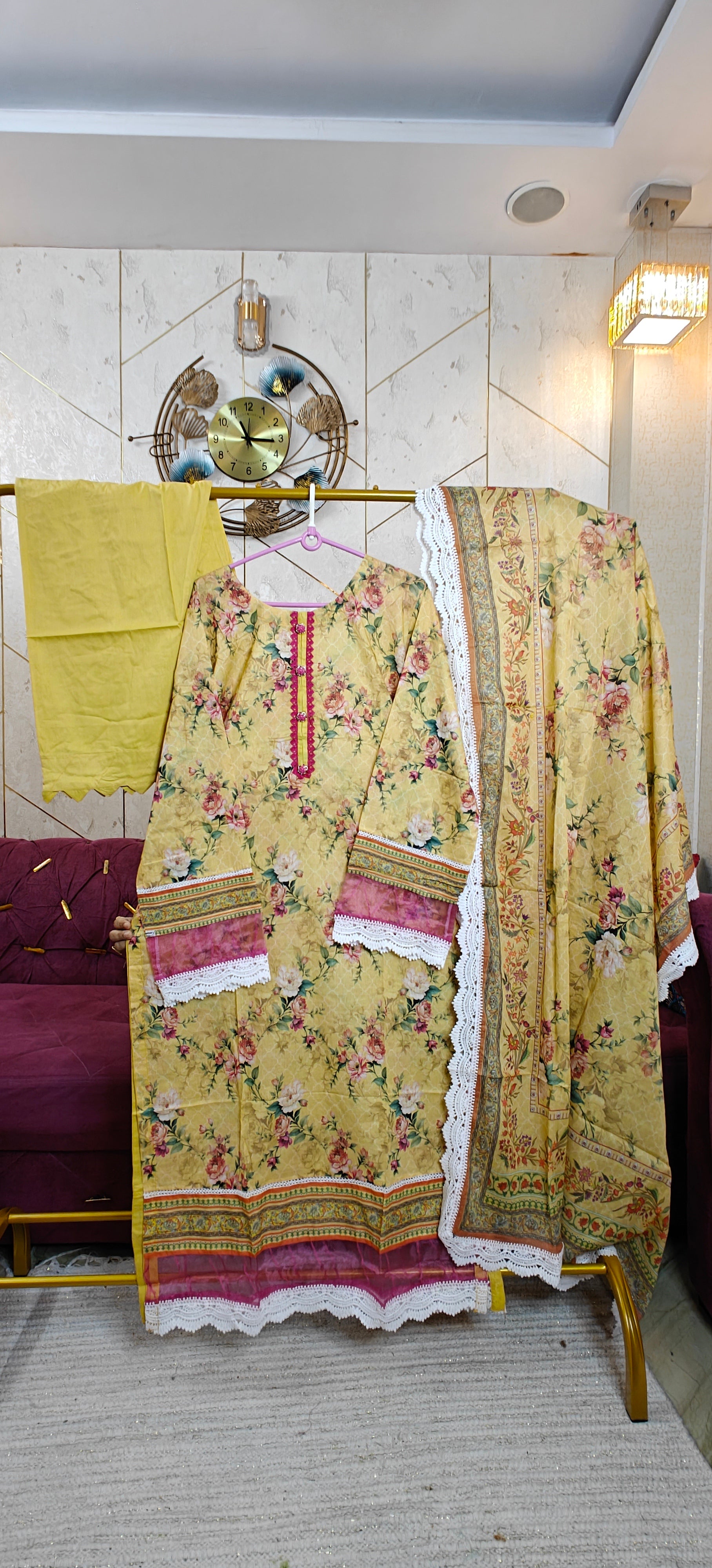 Yellow lawn cotton base with vibrant magenta floral patterns