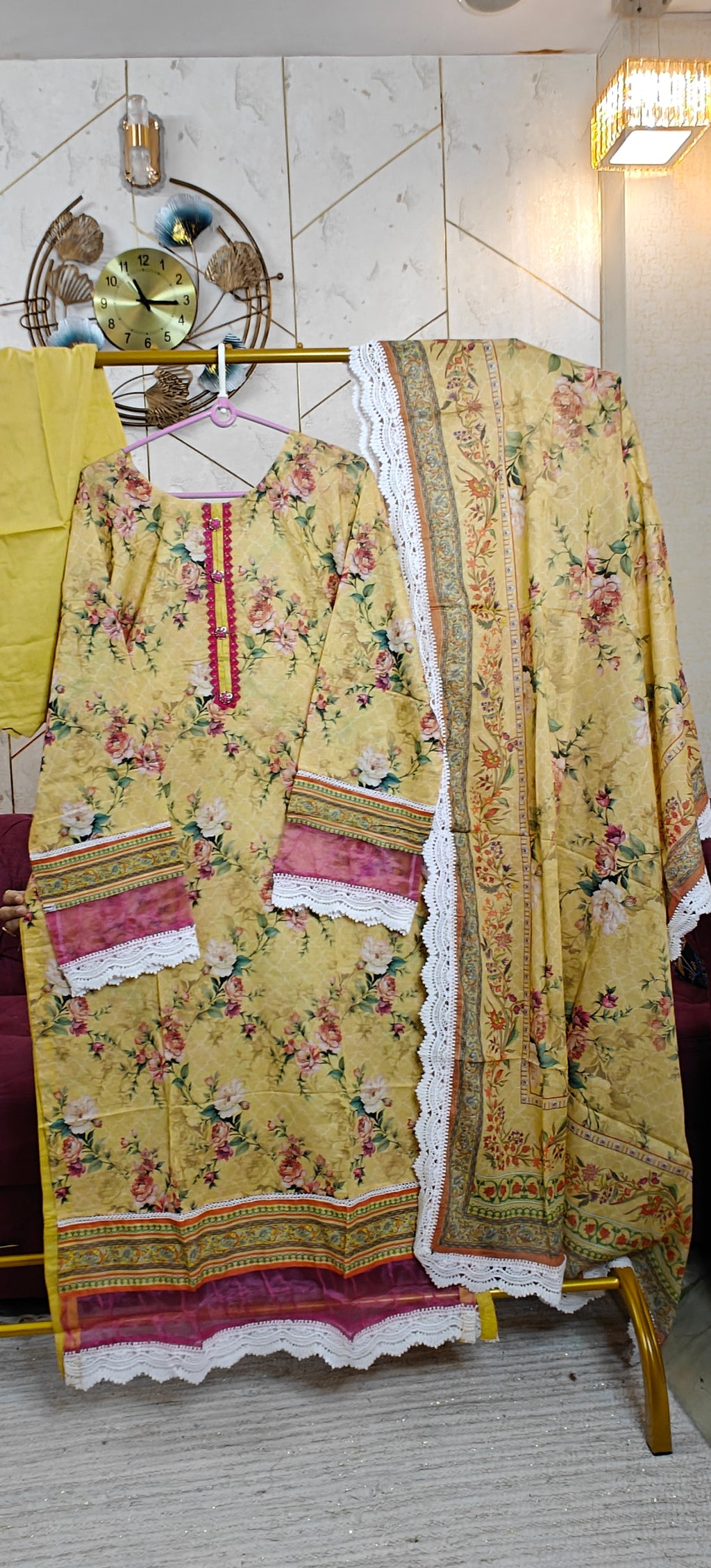 Yellow lawn cotton base with vibrant magenta floral patterns