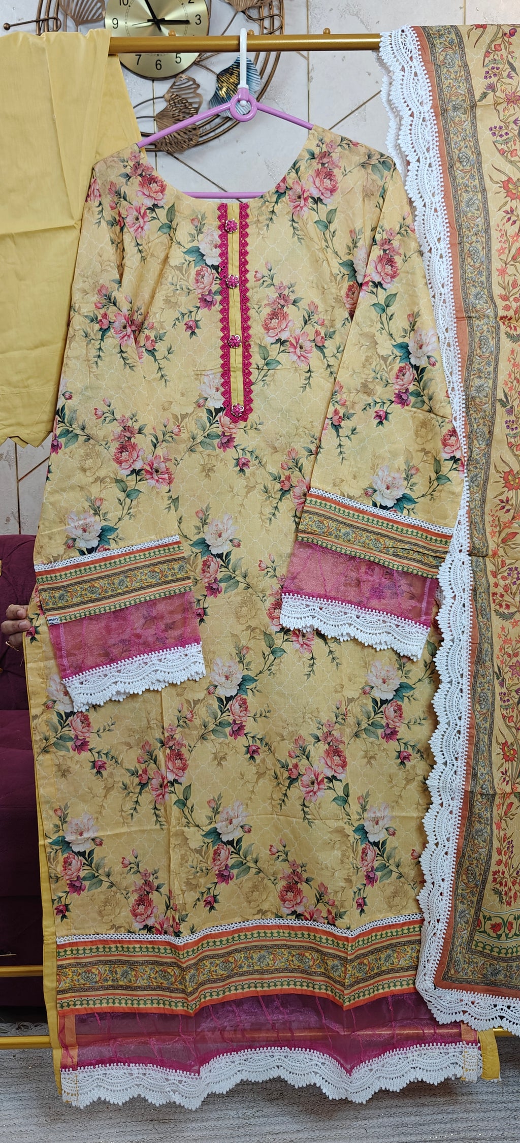 Yellow lawn cotton base with vibrant magenta floral patterns