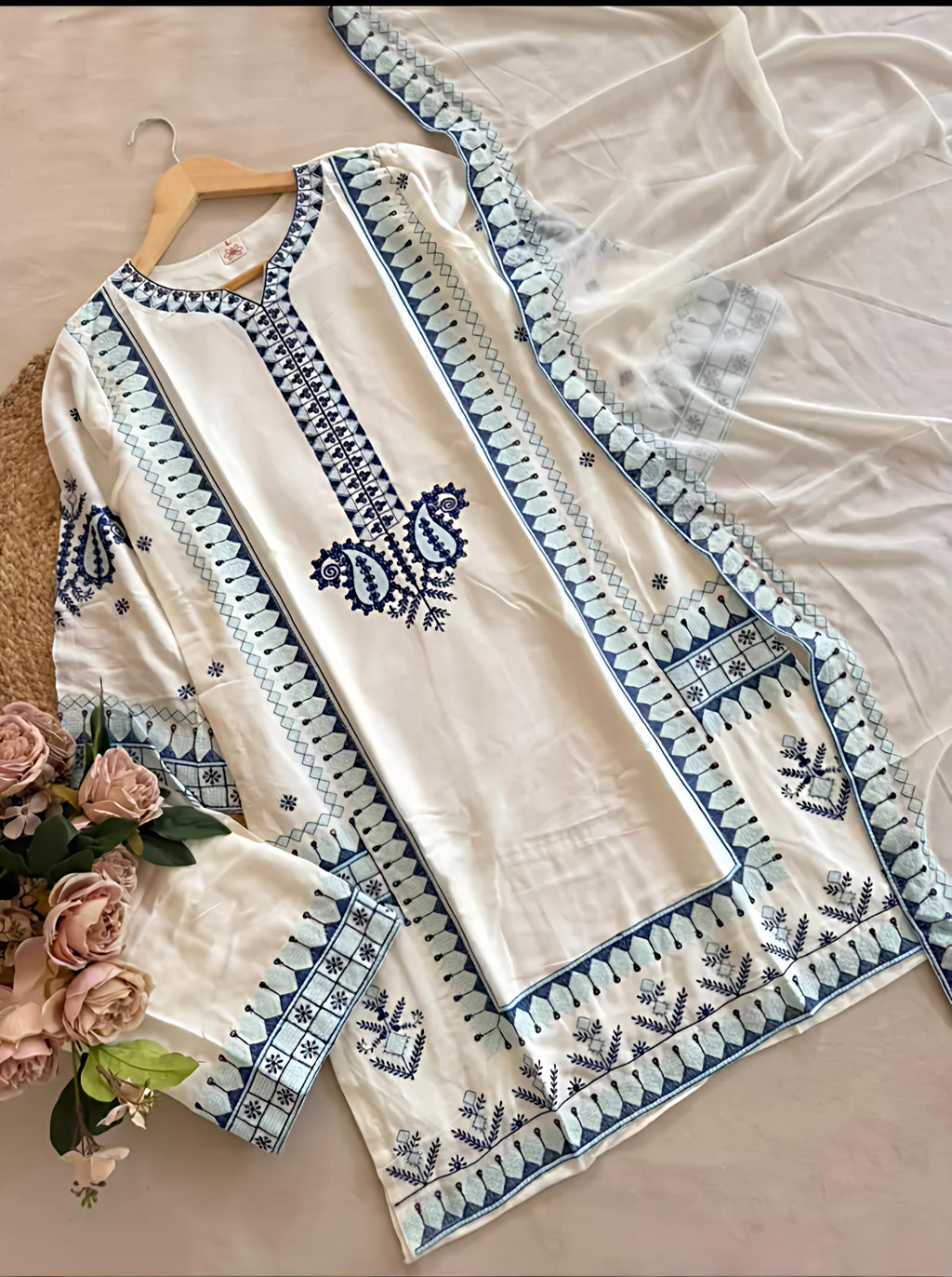 White Kashmiri Embroidered Suit with Light Blue and Royal Blue Kashmiri Detailing