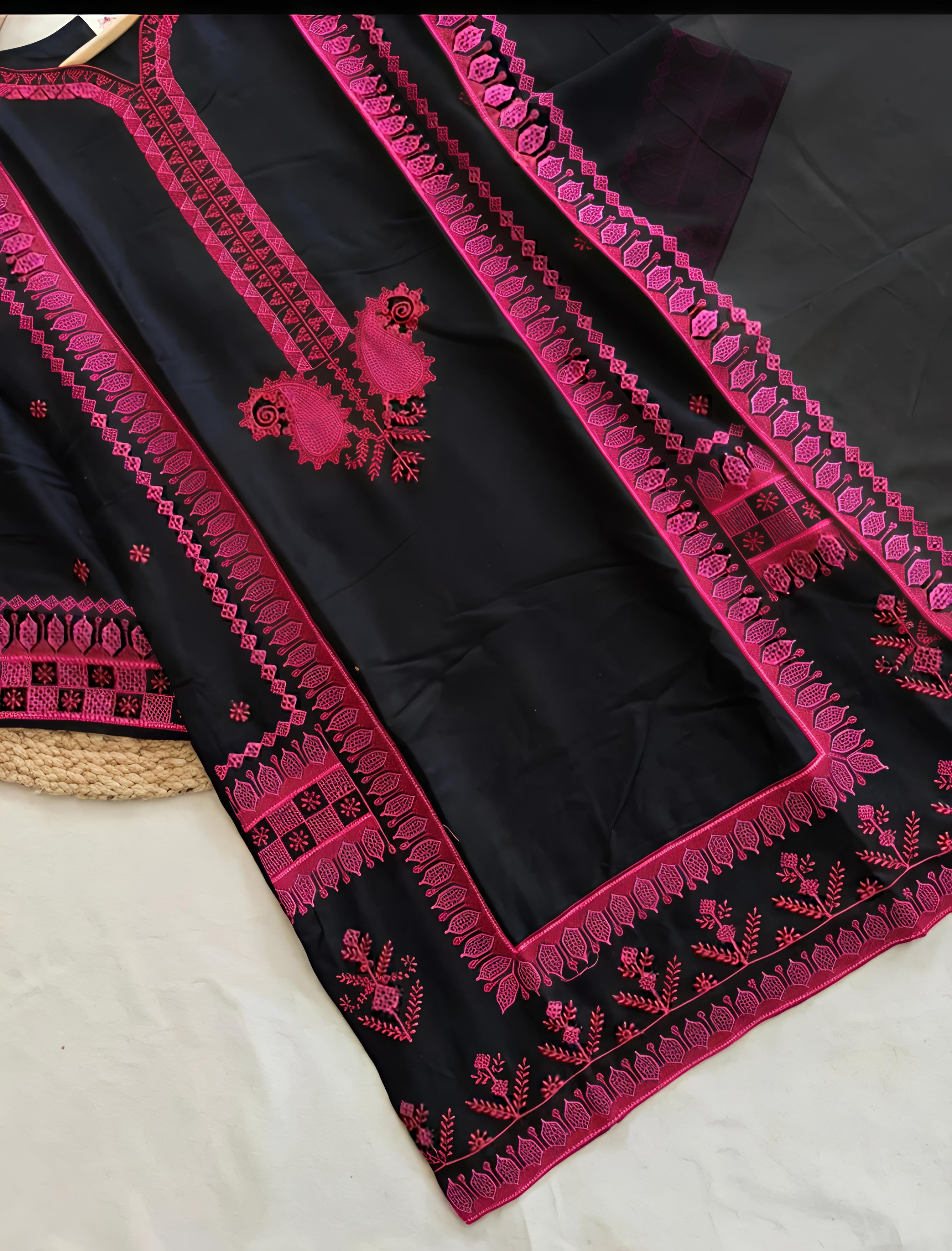 Black Kashmiri Embroidered Suit with Red & Magenta Kashmiri Detailing