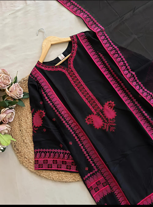 Black Kashmiri Embroidered Suit with Red & Magenta Kashmiri Detailing