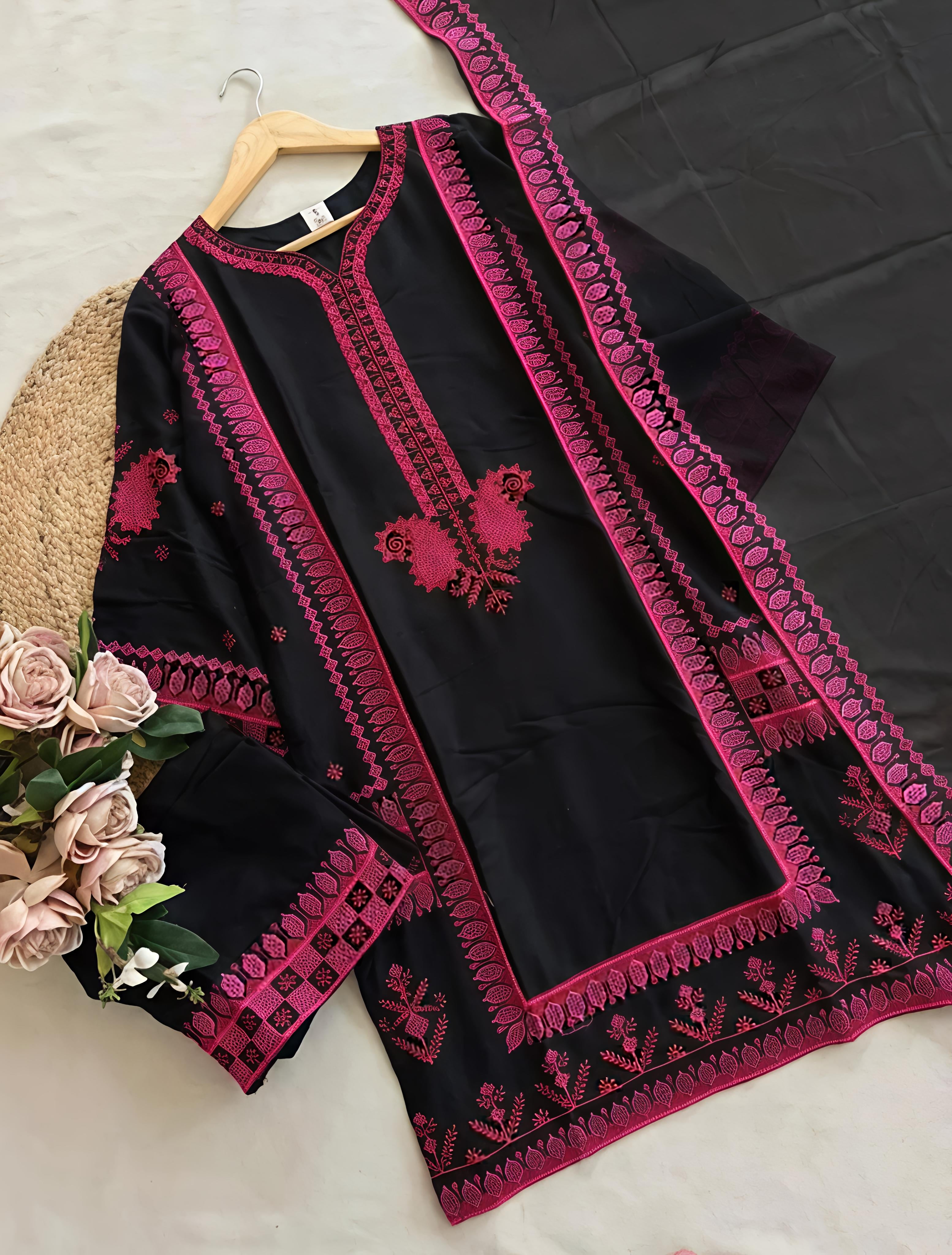 Black Kashmiri Embroidered Suit with Red & Magenta Kashmiri Detailing