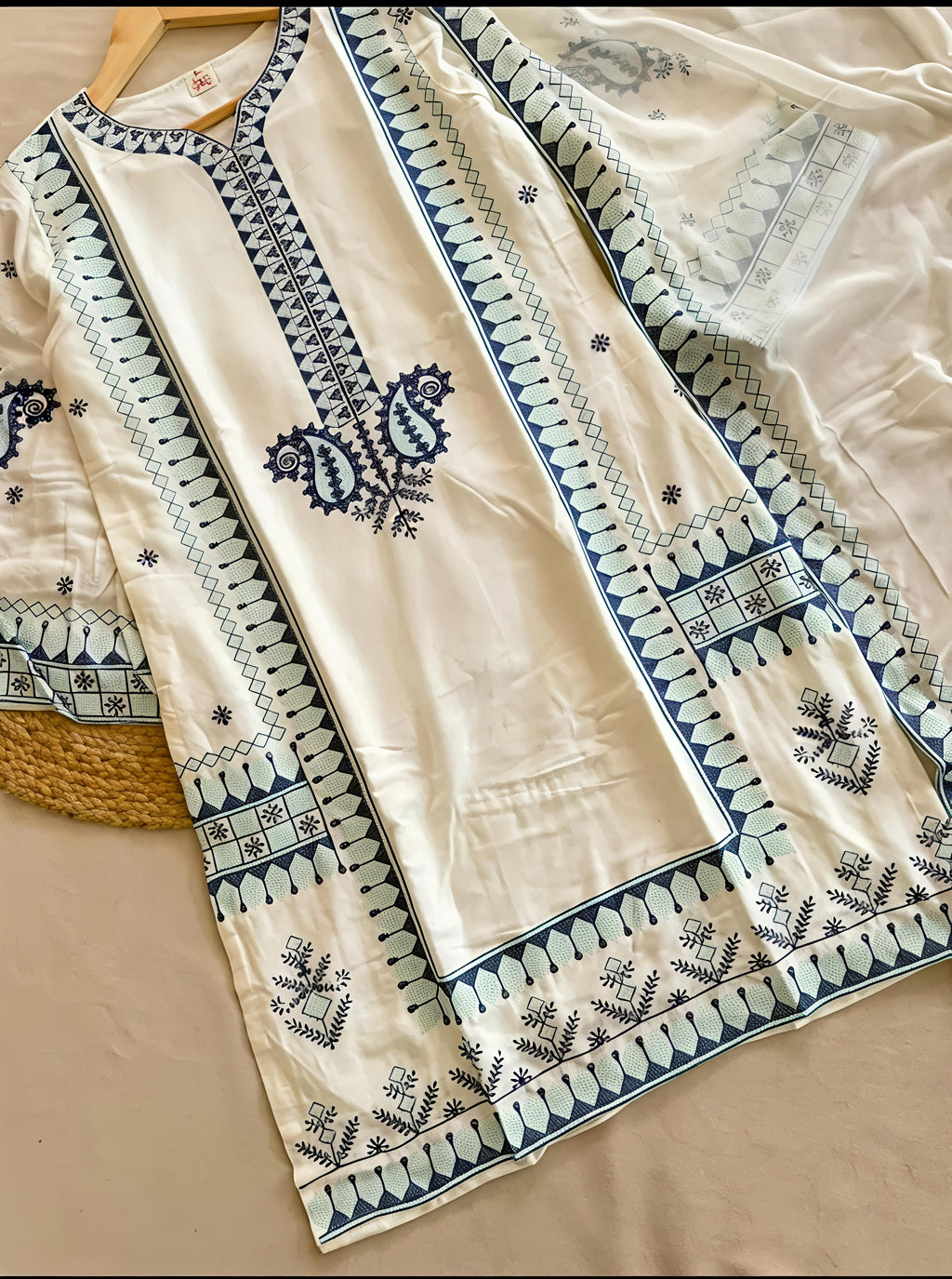 White Kashmiri Embroidered Suit with Light Blue and Royal Blue Kashmiri Detailing