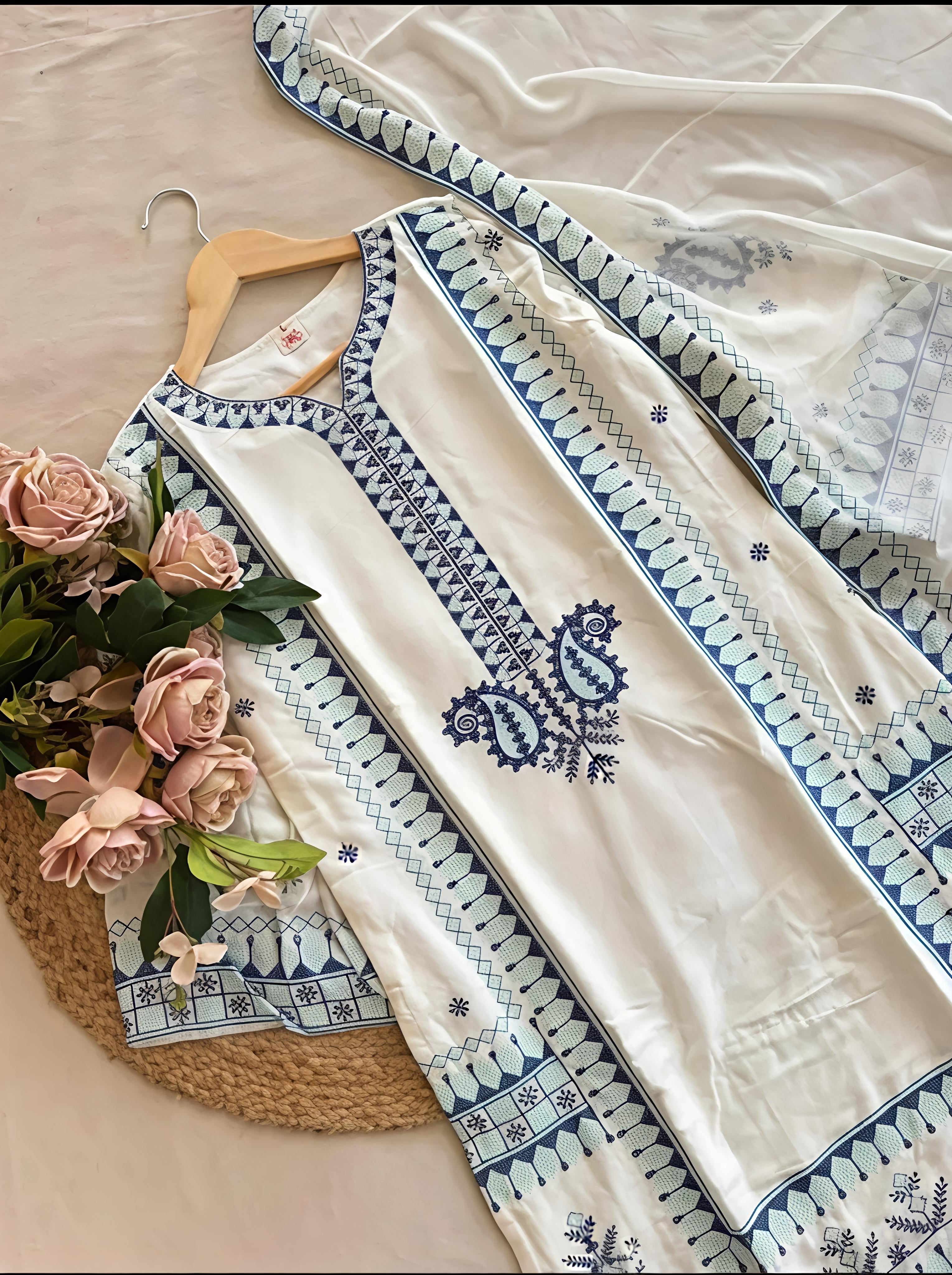 White Kashmiri Embroidered Suit with Light Blue and Royal Blue Kashmiri Detailing