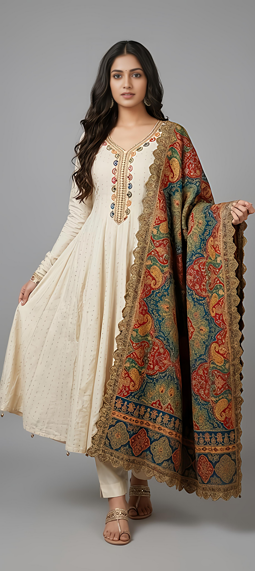 Elegant Cream with Gold Dola Silk Anarkali