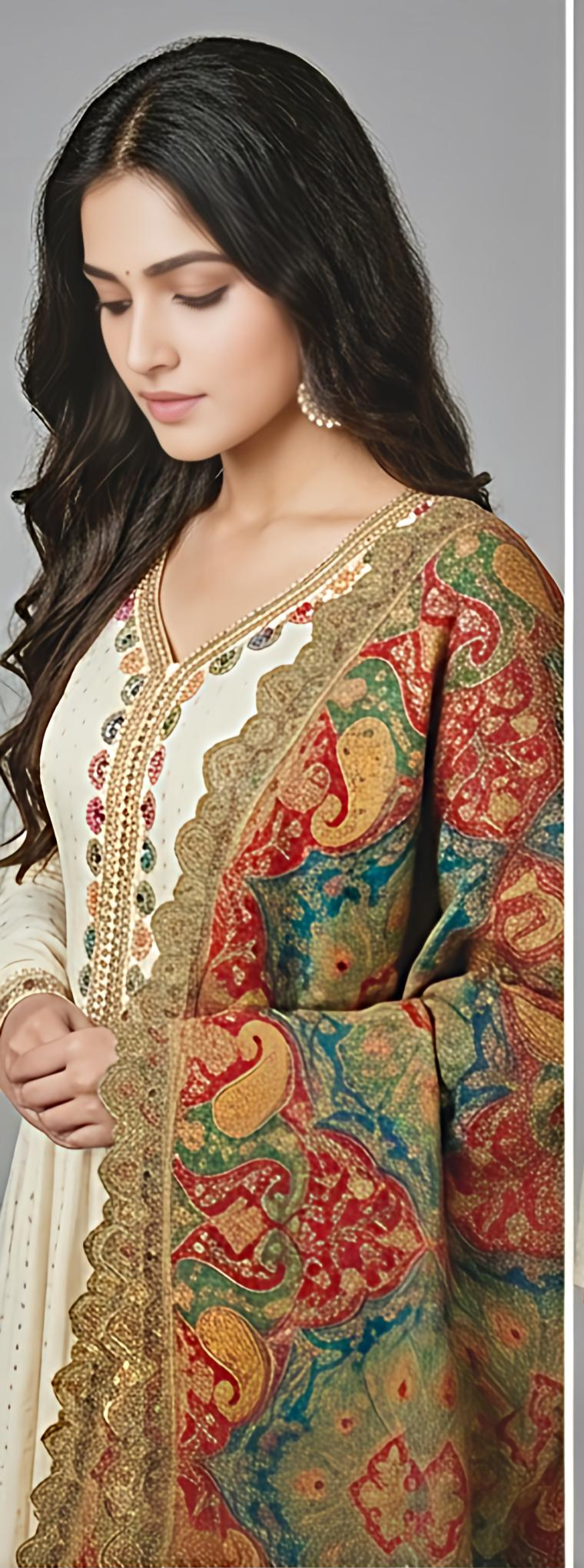 Elegant Cream with Gold Dola Silk Anarkali