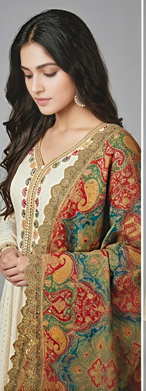 Elegant Cream with Gold Dola Silk Anarkali