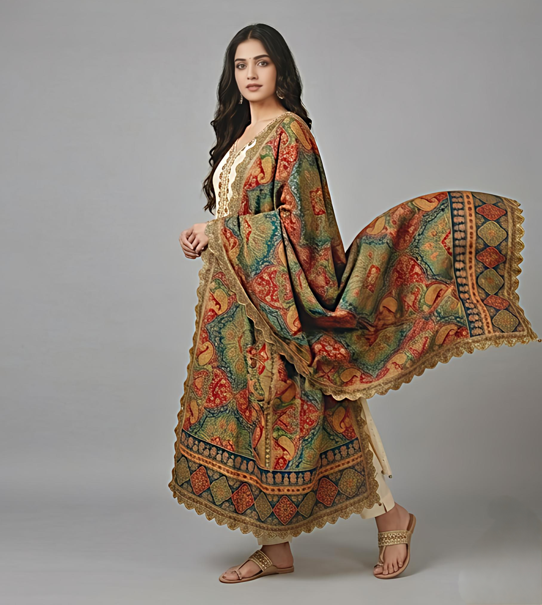 Elegant Cream with Gold Dola Silk Anarkali