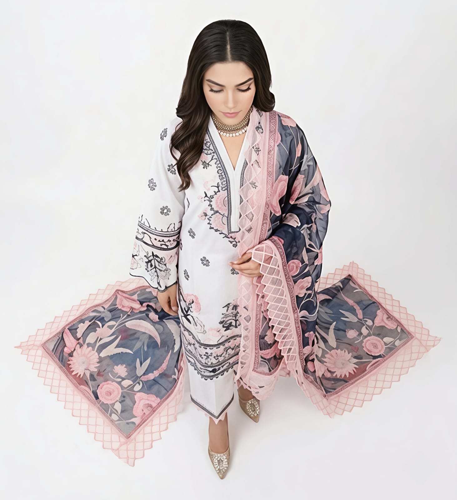 Designer Glass Tissue Suit with Resham & Appliqué Work