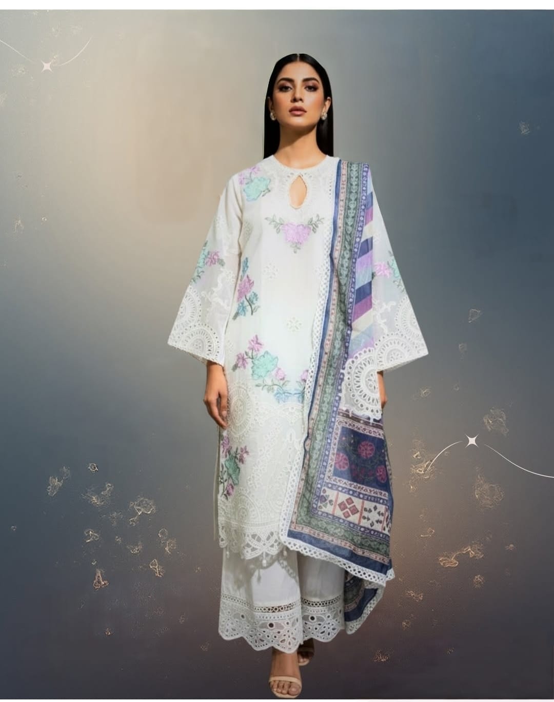 Glass Tissue Outfit Featuring Cutwork Shirt Panel & Palazzo