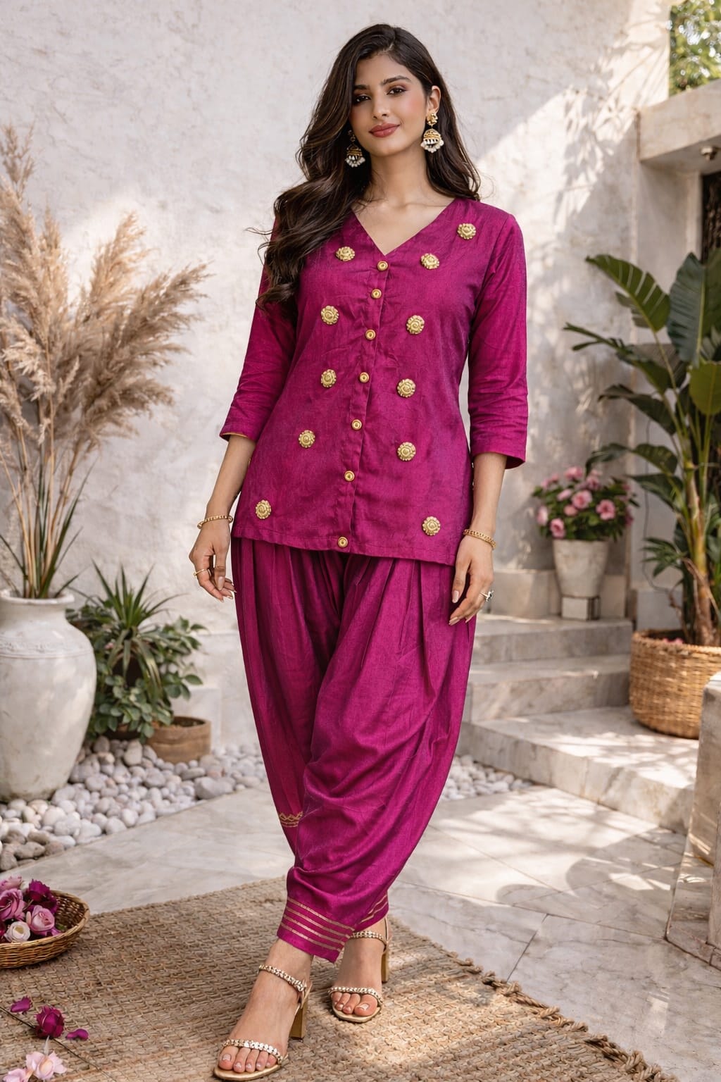 Front-Button Jacket & Farshi Salwar Set with Gold Detailing
