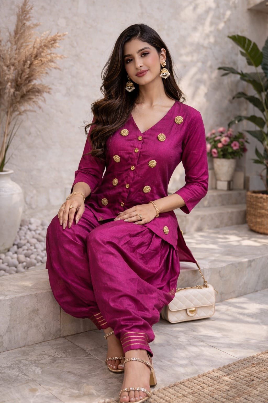 Front-Button Jacket & Farshi Salwar Set with Gold Detailing