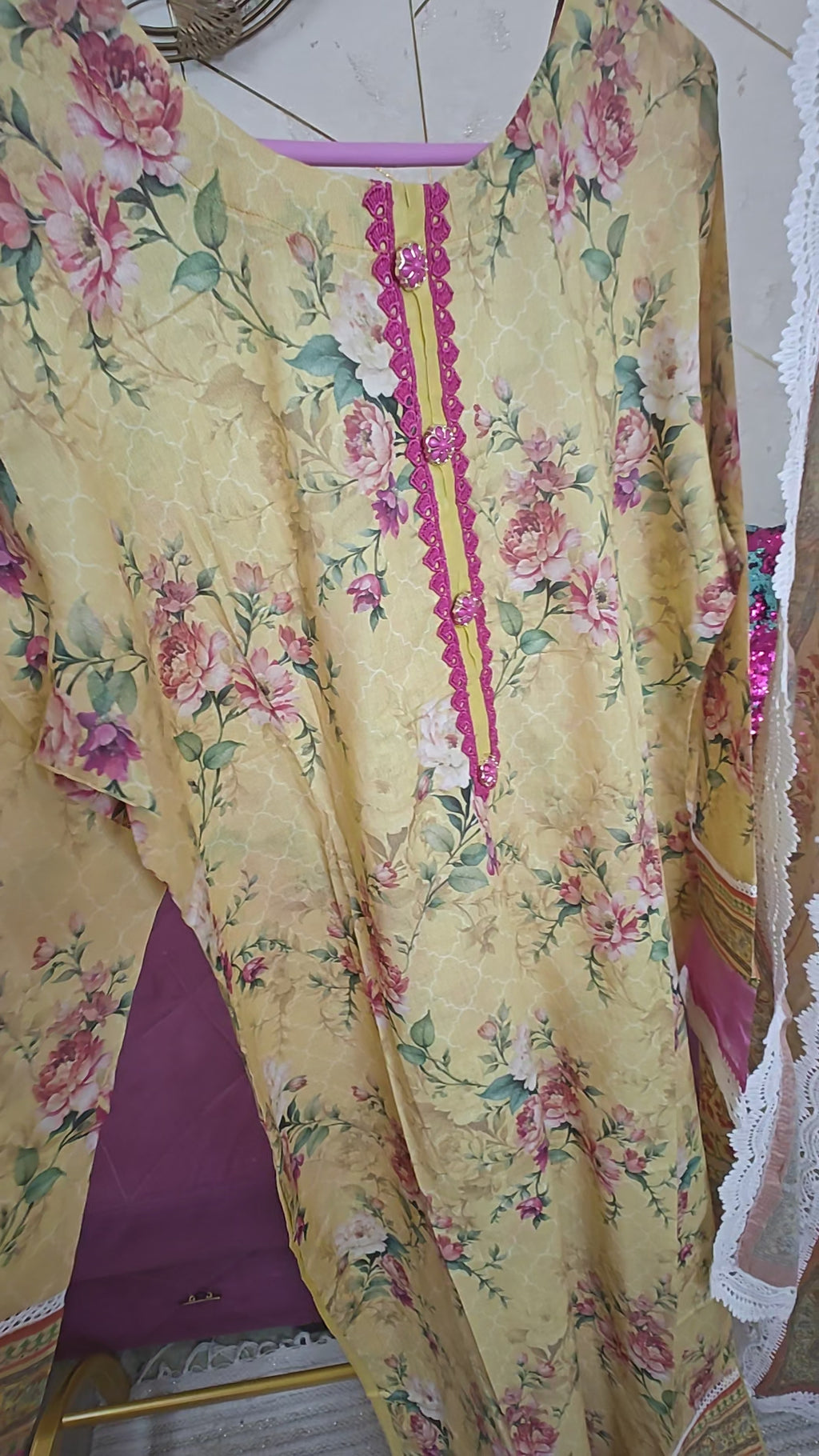 Yellow lawn cotton base with vibrant magenta floral patterns